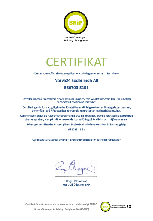 Norva24 Söderlindhs är certifierade av BRiF.